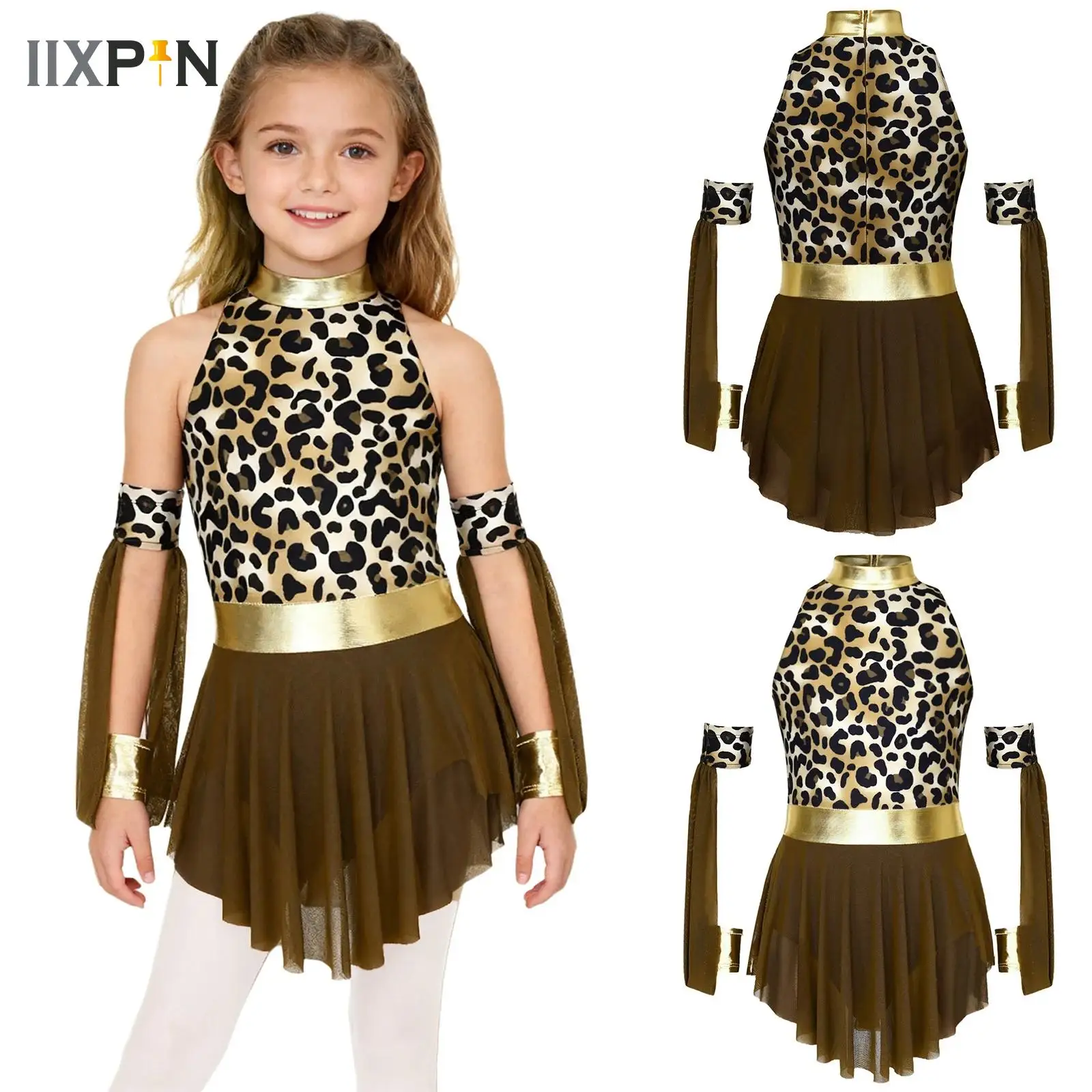 

Big Girls Prehistoric Cave Stone Halloween Carnival Cosplay Costume Leopard Print Metallic Glossy Dress And Matched Oversleeves