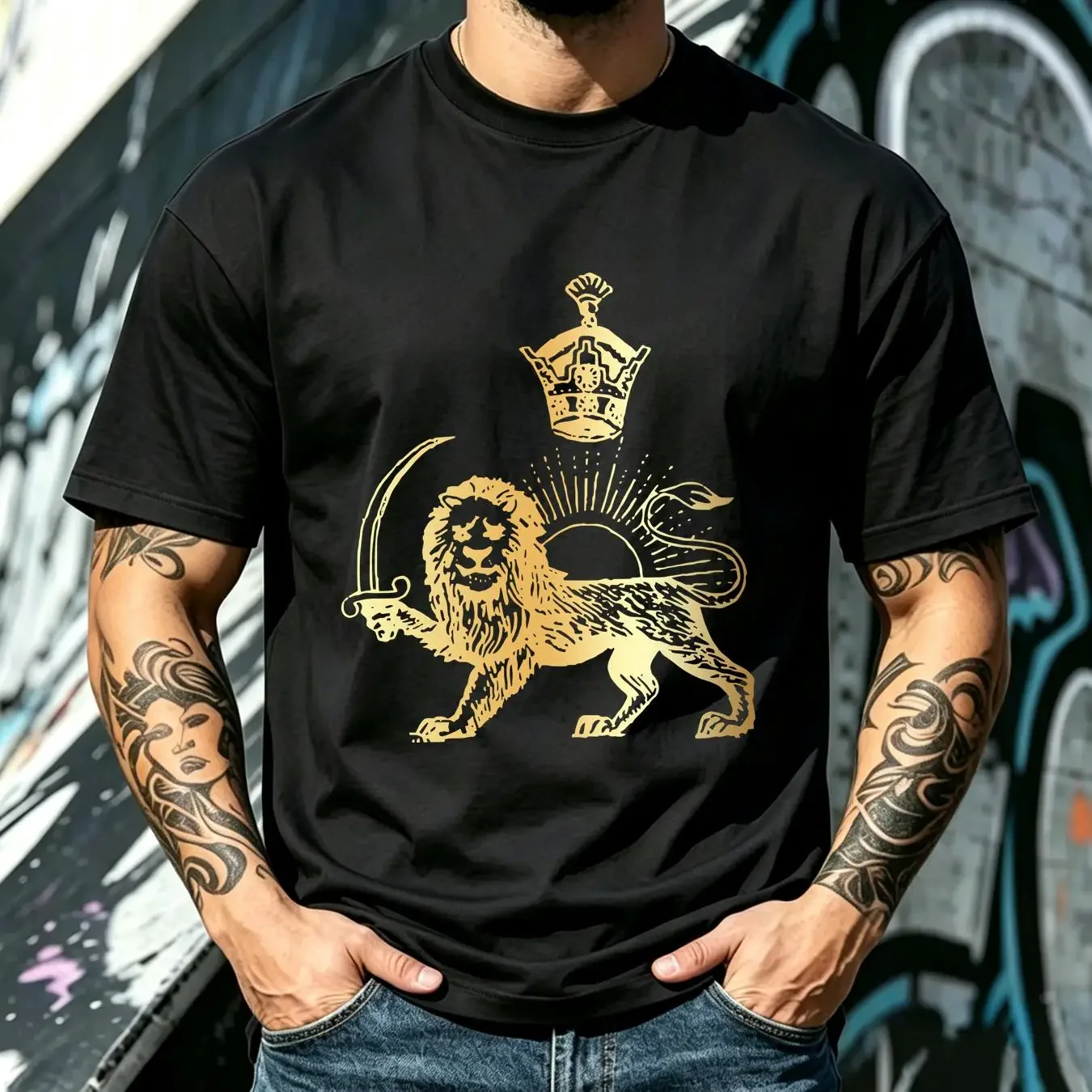 washed T Shirt Persian Flag Iranian Lion Sun and Crown Iran Persia Size S 5XL vintage Washed fashion Stretched Versatile Soft