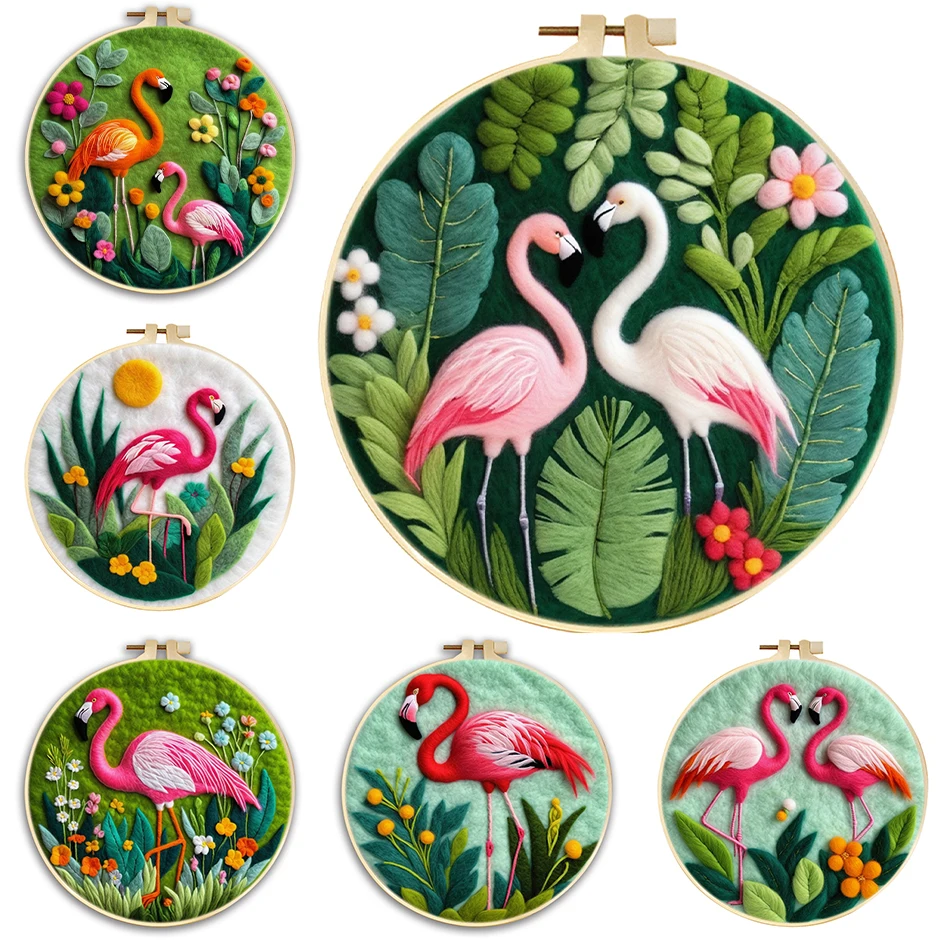 

RUOPOTY Diy Wool Felting Painting Embroidery Frame Craft Supplies Flamingo Animals Wool Burlap Set Worsted Wool Felt Kits Stitch