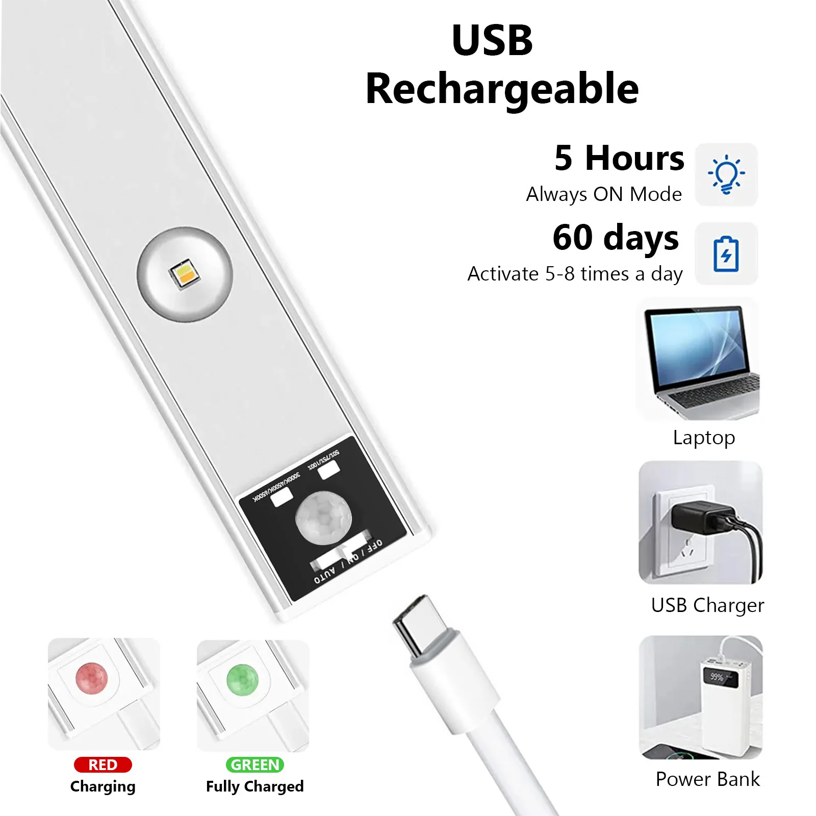 Sensor de movimiento LED magnético para debajo del gabinete, luz recargable por USB, iluminación de mostrador inalámbrica regulable para cocina y armario, 20-40cm