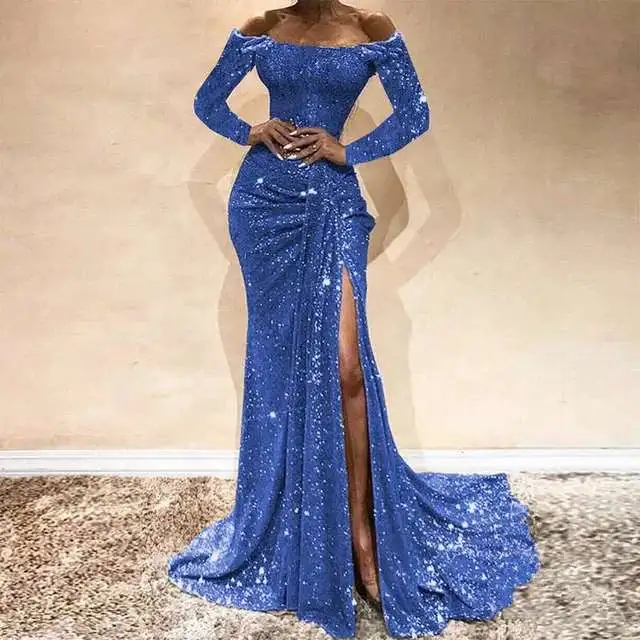 

VOLALO 2024 Girls Sexy Boat Neck Off Shoulder Sequined Evening Gowns Side Split Mermaid Dress Long Dresses