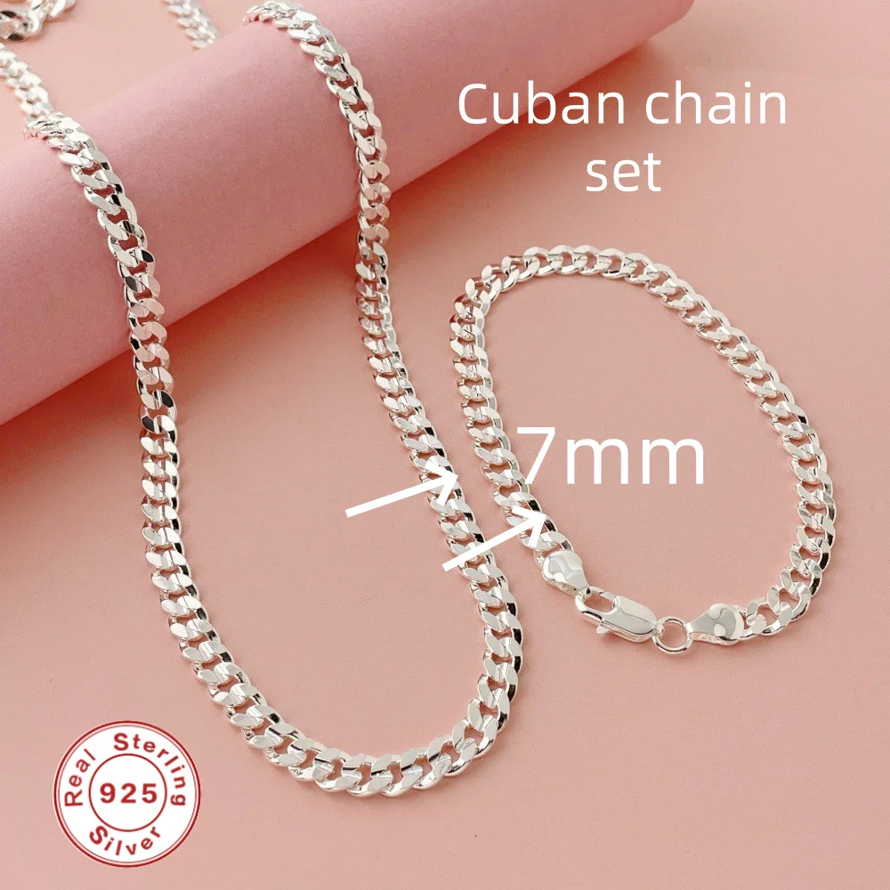 

925 Sterling Silver 7MM Cuban Link Chain Set for Men Women, Curb Chain Necklace Bracelet Set, Hip Hop Jewelry Gift
