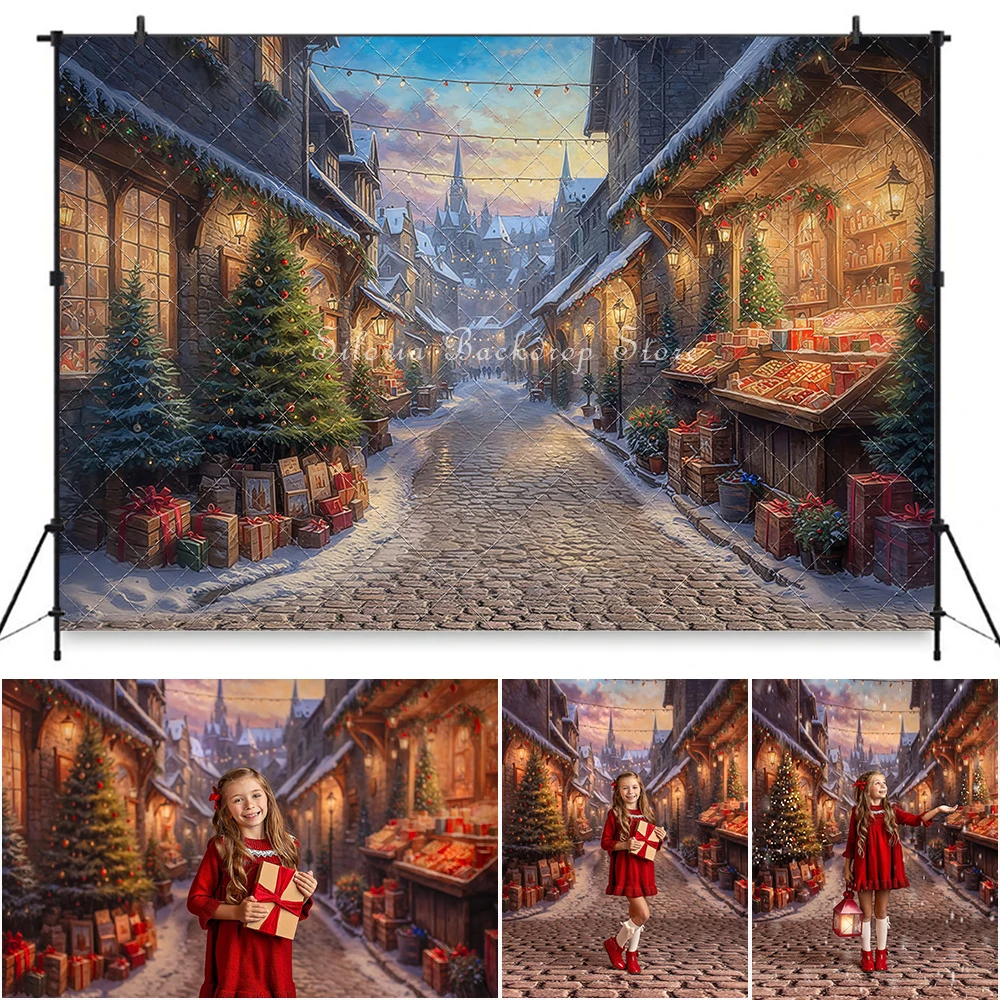 Holiday Market Street Photography Backdrop Kids Family Portrait Photocall Studio Christmas Street Candy Shop Photo Background