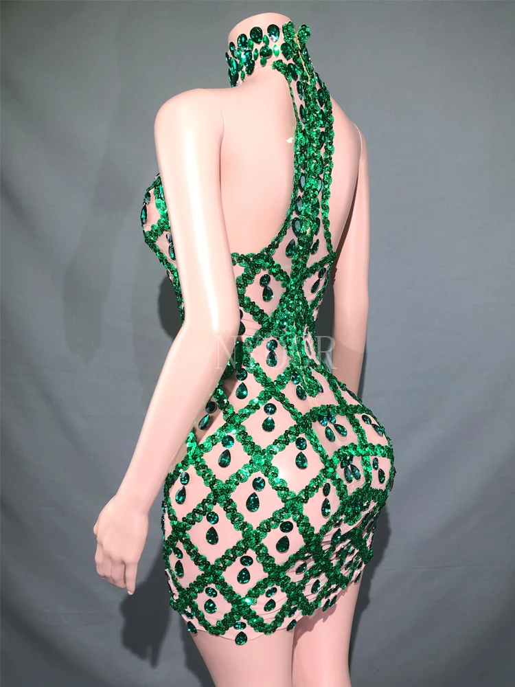 Shiny Green Rhinestone Sleeveless Short Women Dress Sexy Transparent Mesh Party Bar Club Photo Wear Stage Performance Costumes