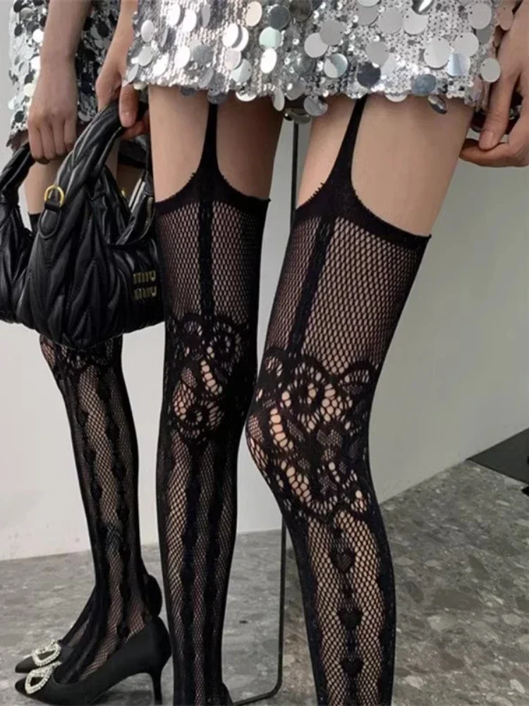 Ausgehöhlte Spitze Fishnet Hosenträger Socken Frauen Sexy Dünne Nylon Mesh Oberschenkel Hohe Strümpfe Weiße Strumpfhosen Offene Gabelung Strumpfhosen
