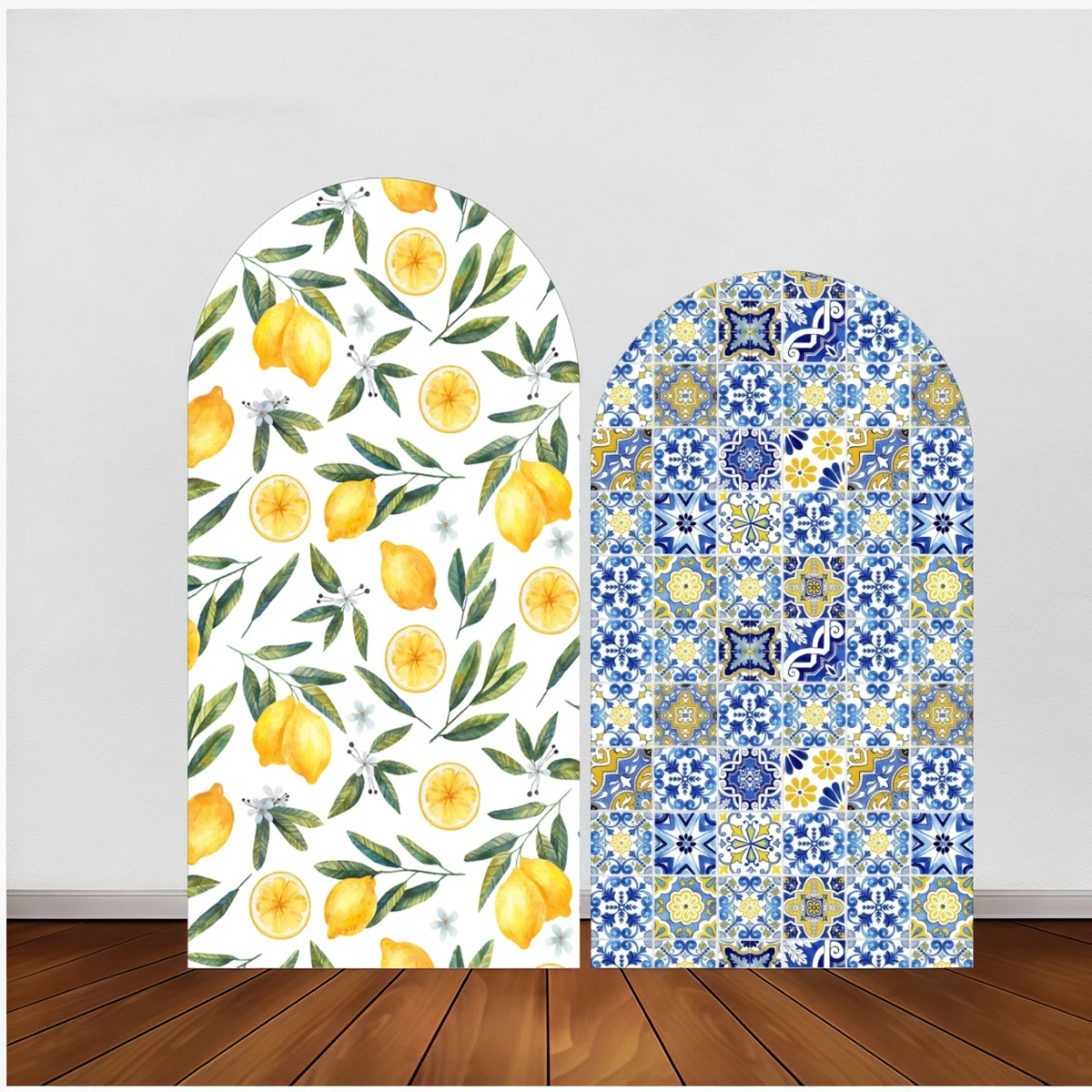

Lemon Arch Cover Backdrop Blue Tile Pattern Citrus Leaf Decor For Summer Party Bridal Shower Photo Booth Background Decoration