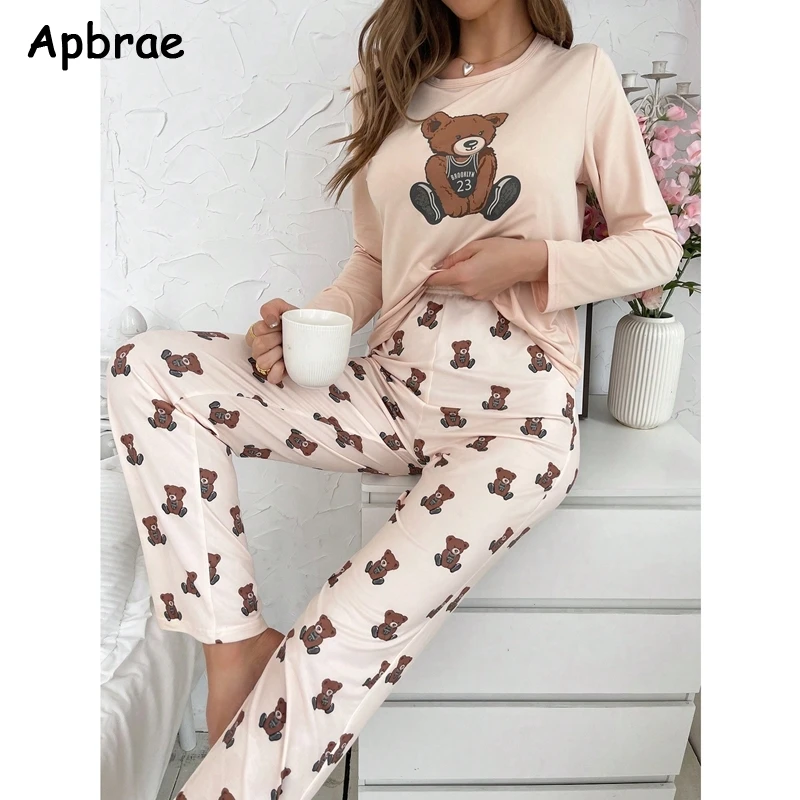 Cute Bear Print Pajamas for Women Autumn Winter Long Sleeves Full Pants Pajama Sets Woman Milk Silk Pijamas Girls Nightwear