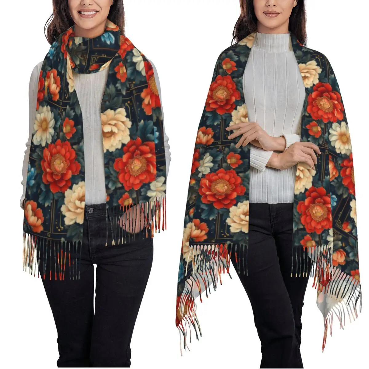Eleganza orientale Sciarpa con motivo floreale peonia cinese Sciarpe con nappe Scialle e involucri morbidi e caldi da donna Grande scialle autunno inverno