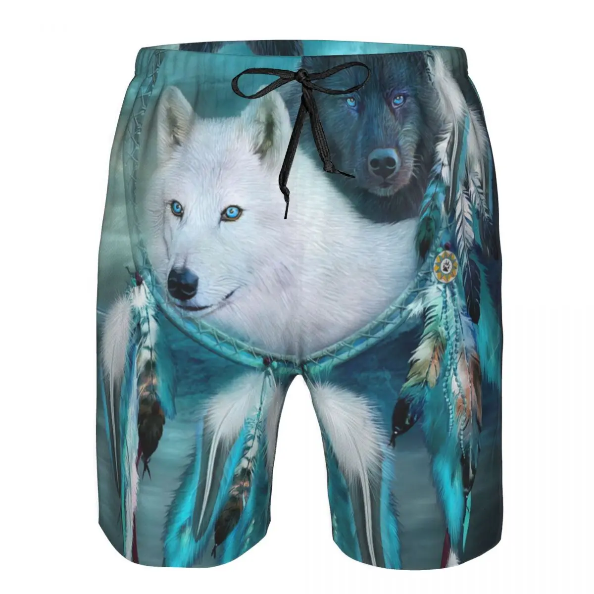 Dream Catcher-Weiß Wolf Schwarz Wolf männer Strand Shorts Fitness Schnell trocknend Badeanzug Lustige Straße Spaß 3D shorts