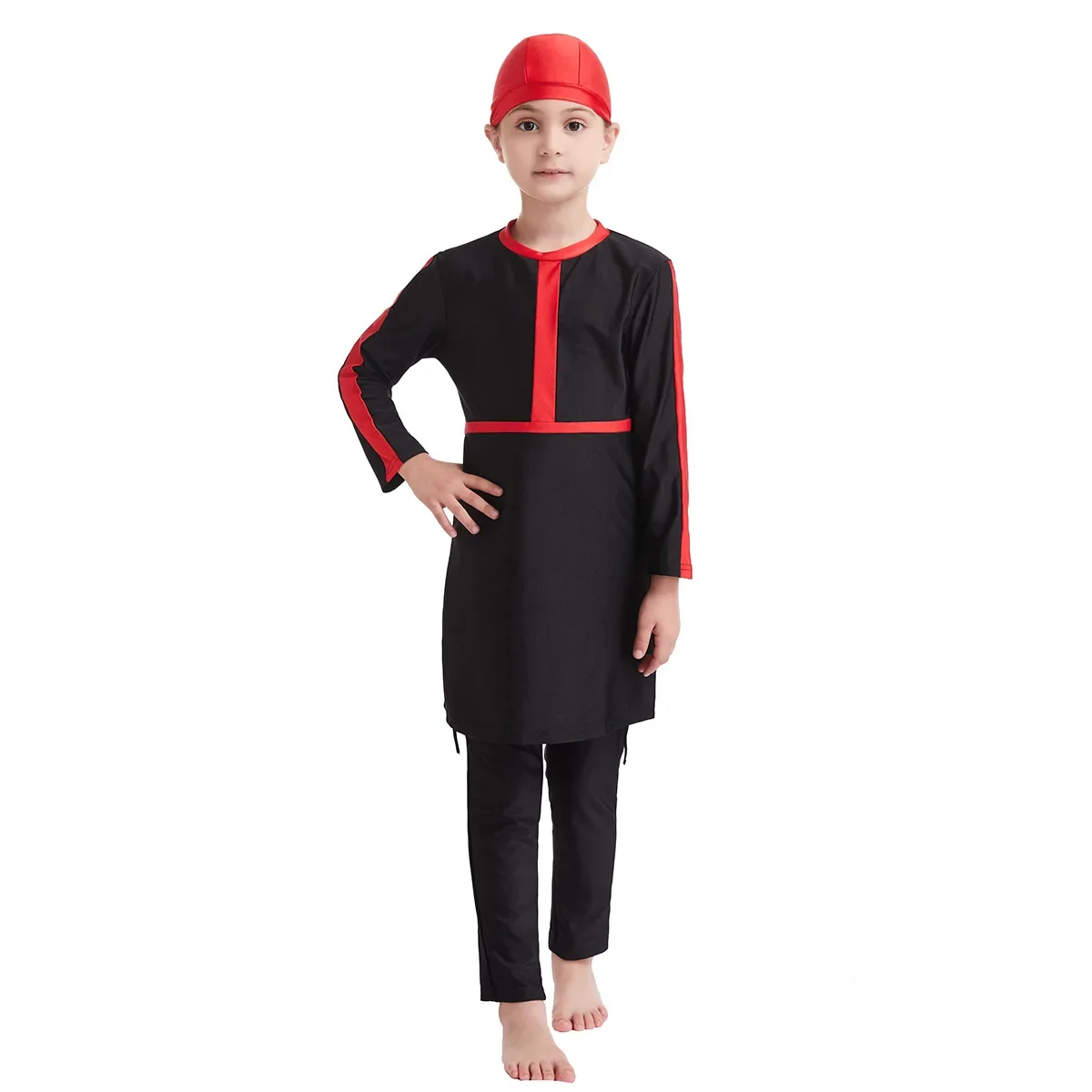 Costumi da bagno musulmani per ragazze Bambini islamici Tre pezzi a maniche lunghe Solido Copertura completa Conservatore Hijab Burkini Costume da bagno con pantaloni