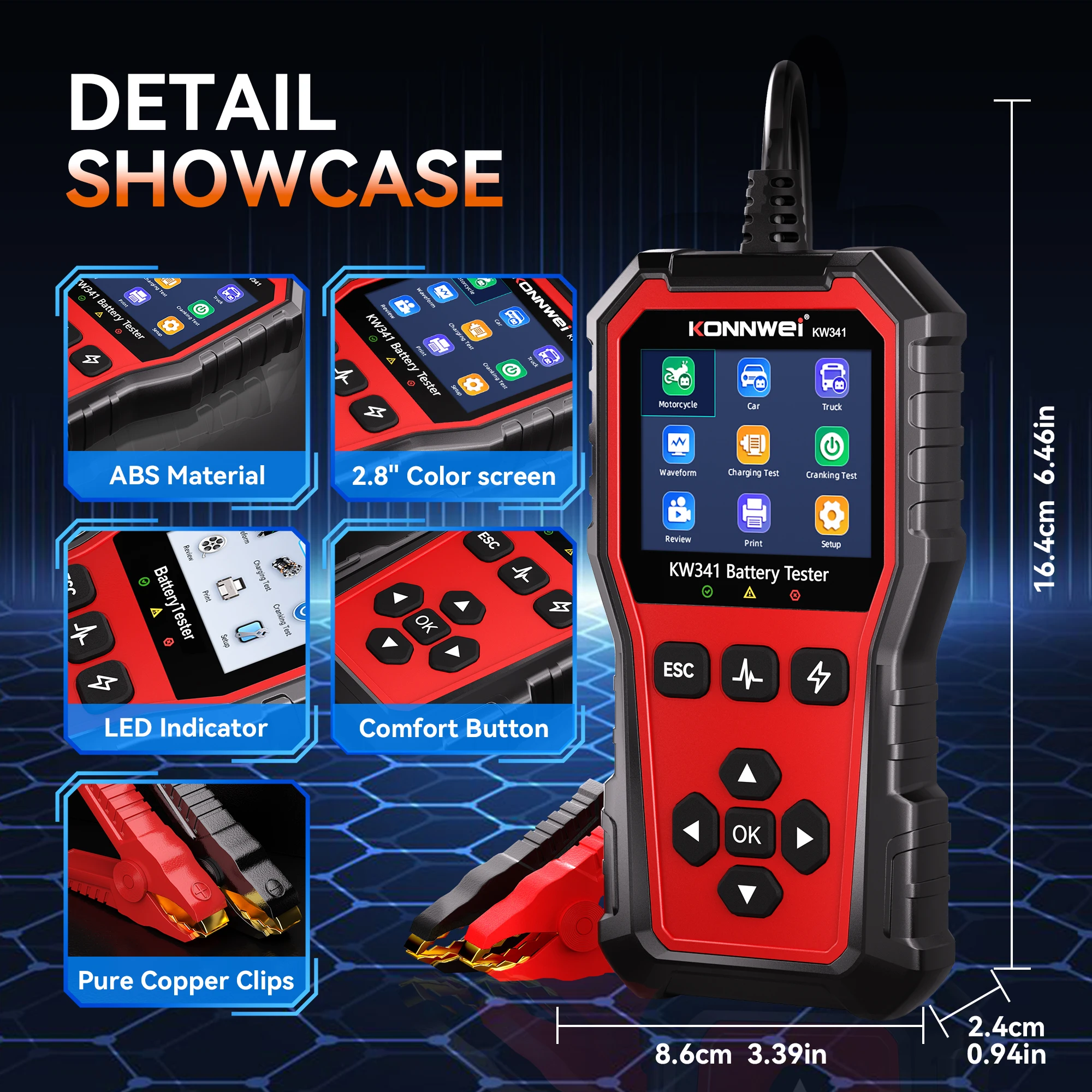 

2026 KONNWEI KW341 Car Moto Truck Battery Tester 6V12V 24V Fault Data Printing Start Voltage Test Car Battery Charging Scan Tool