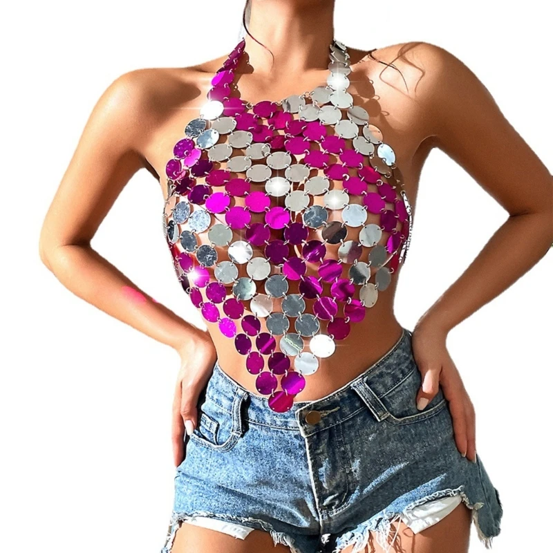 

Women Contrast Color Sequins Halterneck Crop Top Backless Body Chain Jewelry