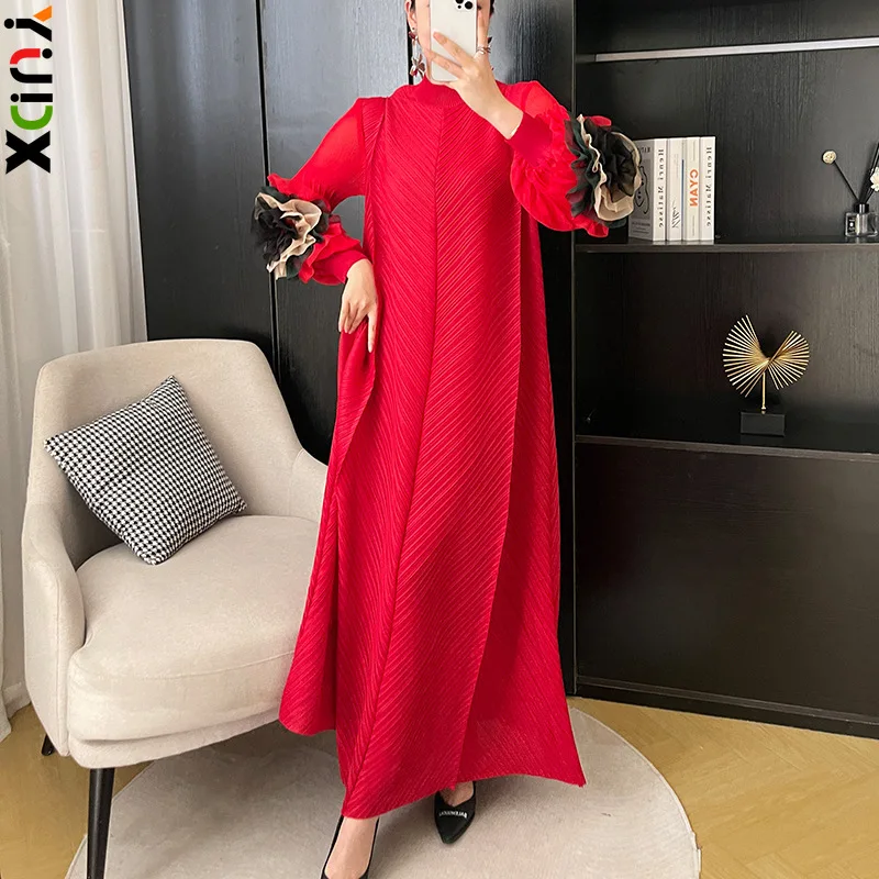 

Miyake Long Hit Color Embroidery Design Women's Dress Fashion Casual Pleated Half-high Neck Loose Big Size Skirt 2023 Fall New