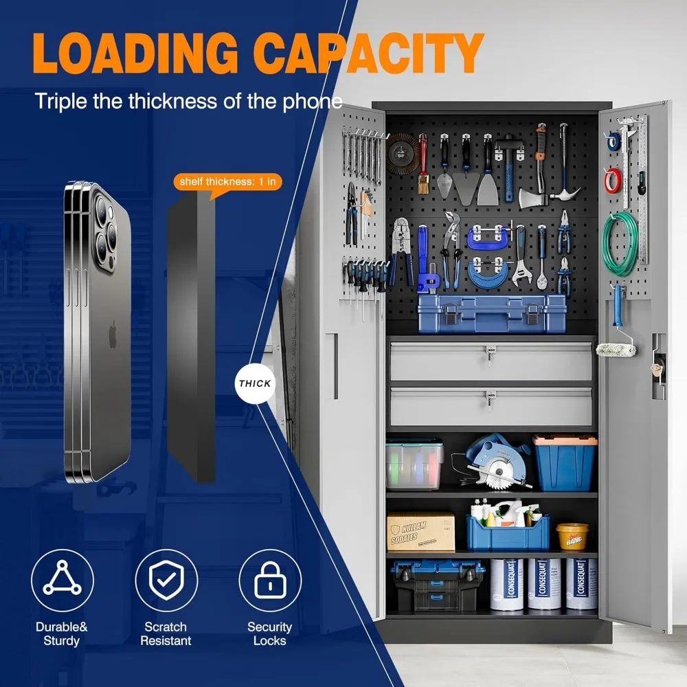Metalowa szafka garażowa z zamykanymi drzwiami i szufladami, wytrzymała stalowa szafka narzędziowa z płytką, magazyn, piwnica