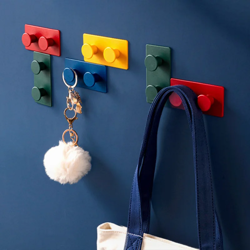 4 Color Creative Wall Hook Plug Holder Building Block Shaped Multifunctional Hooks Living Room Door Back Hooks Wall Decoration