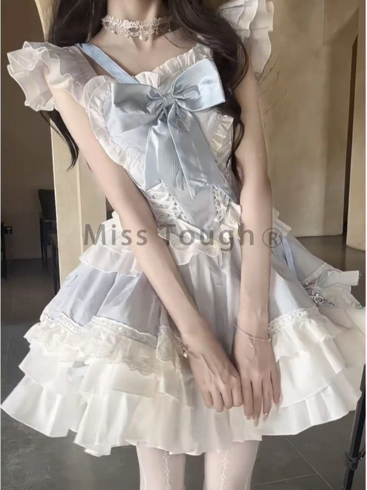 Vestido de una pieza con lazo para mujer, minivestido Kawaii japonés con cuello cuadrado, encaje elegante, novedad de verano 2024