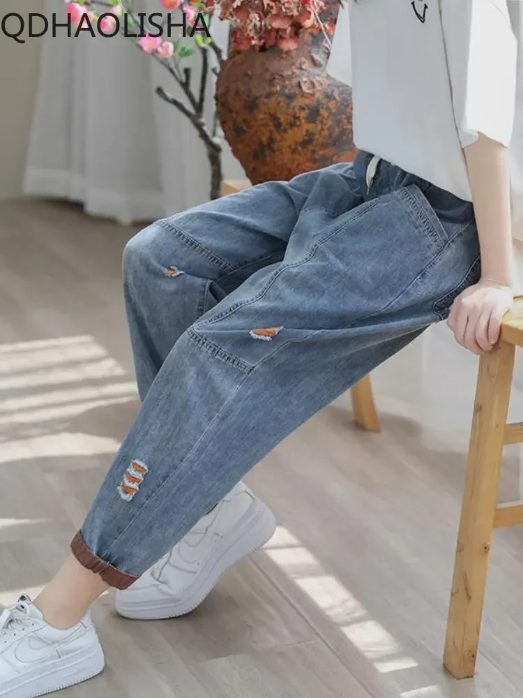 Women Jeans Korean Version Hole Elastic Waist Casual Haren Pants  Ankle Length Pants for Women High Waisted Baggy Ripped Jeans