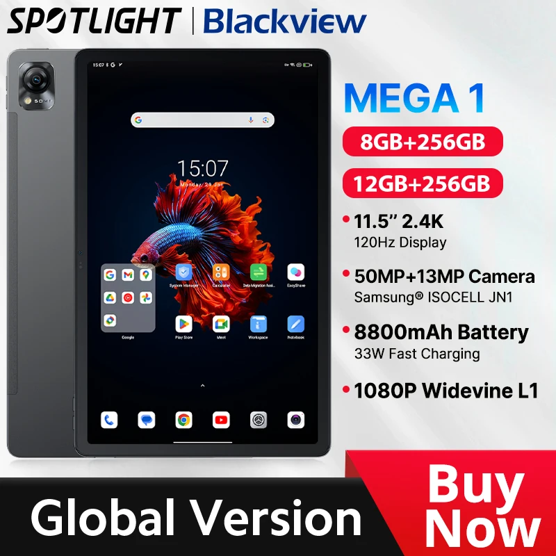 Blackview MEGA 1แท็บเล็ต11.5นิ้วหน้าจอ2.4K 120Hz 8GB 50MP GB 256GB + กล้อง13MP 8800MAH 33W แผ่นชาร์จเร็ว