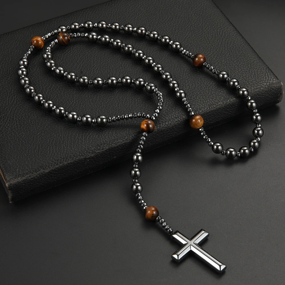 Black Hematite Round Beads Yellow Tiger-eye Stone Cross Pendant Necklace for Men and Women