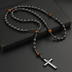Black Hematite Round Beads Yellow Tiger-eye Stone Cross Pendant Necklace for Men and Women