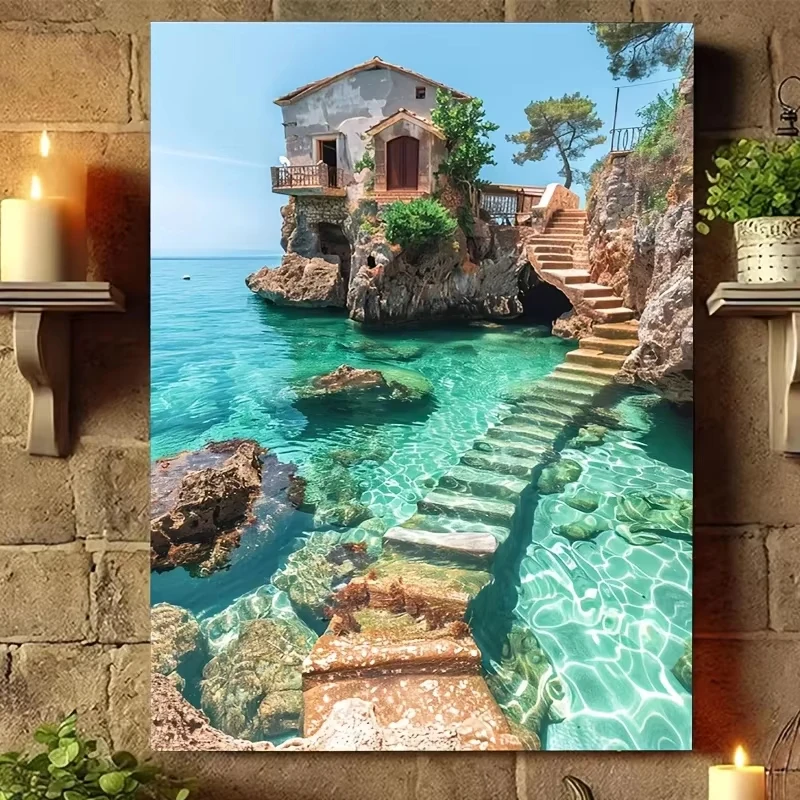 Oil Painting By Numbers 1 Set Dreamy Stone Steps Seaside Cottage DIY Canvas Painting Wall Art Gift Home Decor