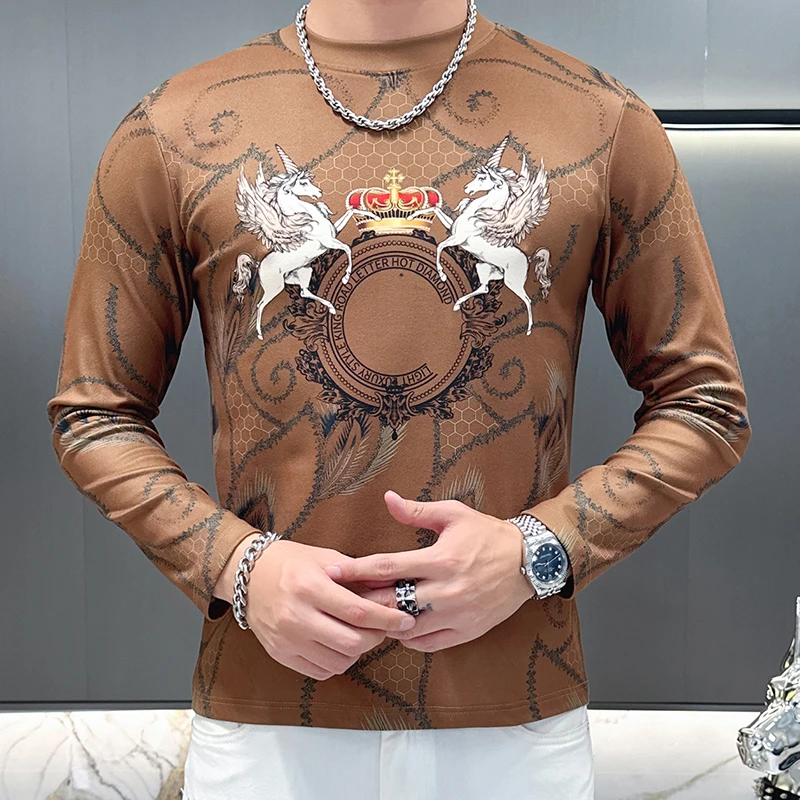 

Autumn Luxury Crown Printed Men's Sweatshirts Long Sleeve Slim Fit Casual T-shirts Versatile Business Social Base Shirt Tee Tops