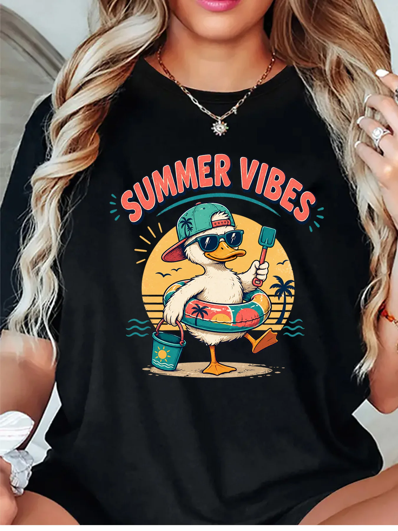 Cute Beach Duck Sunglasses Bucket Summer Vibes Cartoon Graphic Womens T Shirt Short Sleeve Crew Neck Casual Ladies Tee Tops