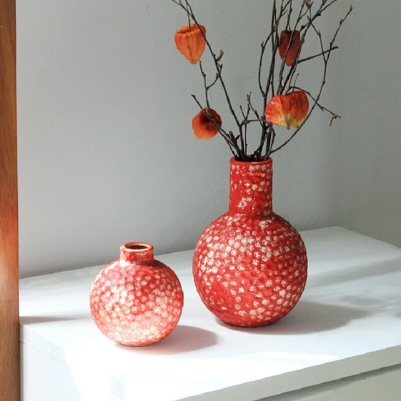 Room Decorations Red Textured Ceramic Vase Rough Pottery Flower Arrangement Vase Home Living Room Desktop Ornament For New Year