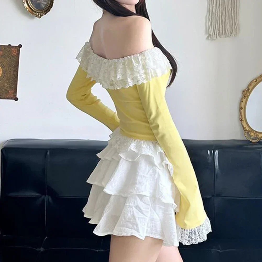 

Casual Daily Wear Long Sleeve Shirt One Shoulder Tee Lace Stitching Top Solid Color Pattern Spring Autumn Winter Wear