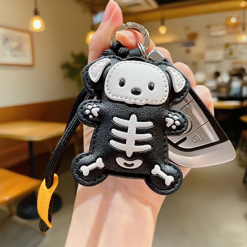 Skull Bear Keychain Skeleton Teddy Pendant Punk Metal Ring Braided Cord Cool Street Accessory Bag Charm Gift for Trendy Guys