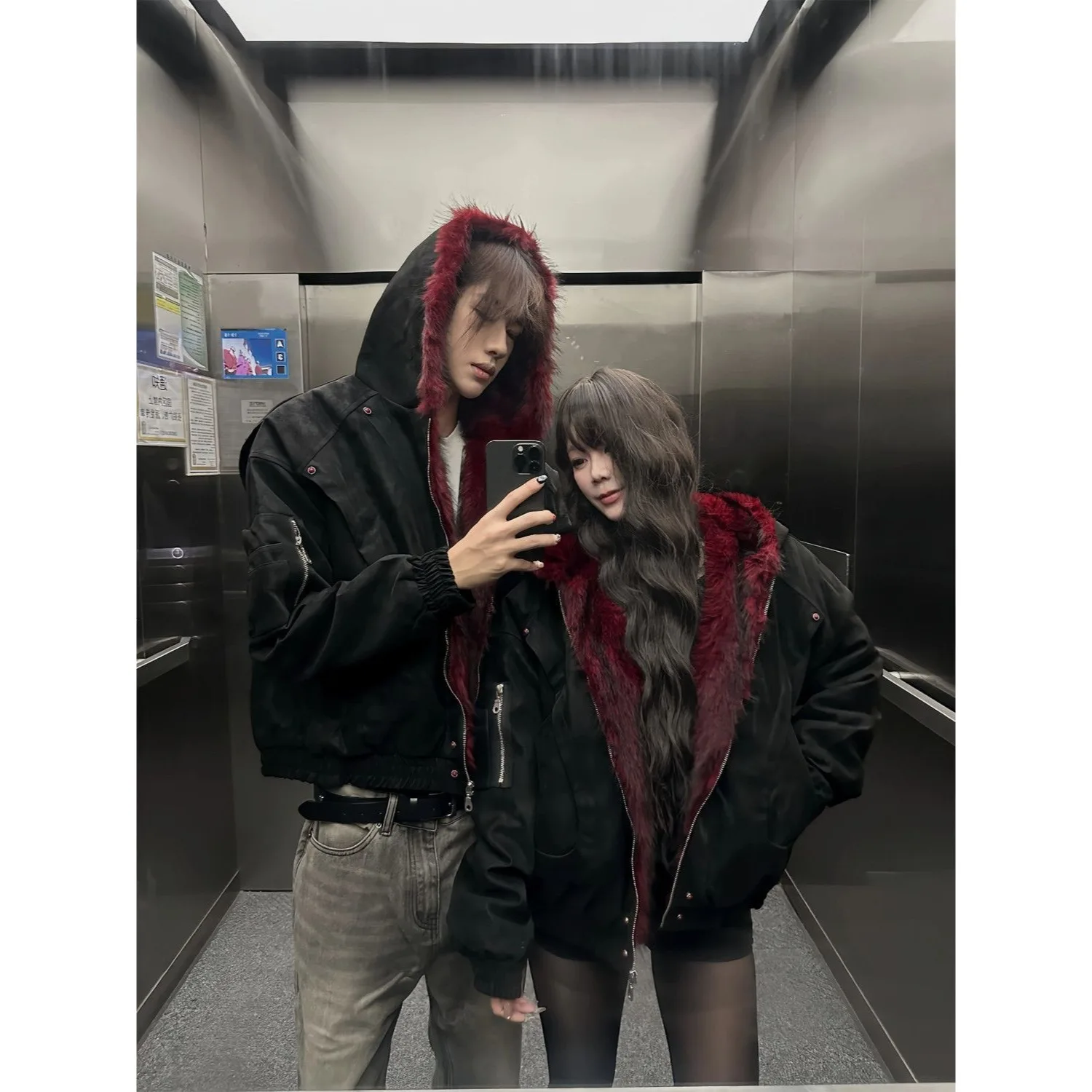 

Large Size Autumn Winter Cotton Jaet American Sle k adient Wolf Fur Collar Couple PU Leather Snap Structure Cotton Coat