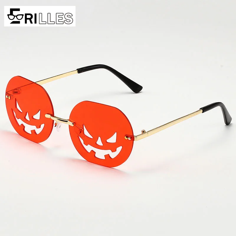 Novelty Halloween Pumpkin Sunglasses, Frameless Oval Design with Cutout Details, Fun Party Eyewear, Spooky Festival Gift Idea