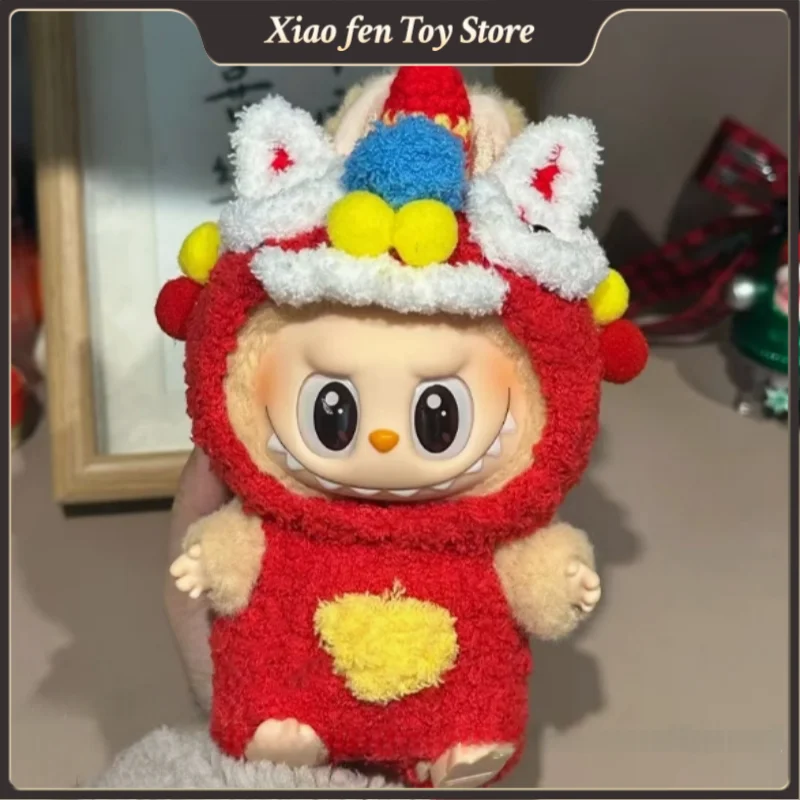 17cm New Year Labubu Clothes 1st 2nd Generation Outfit Clothes Lion Dance Wealth Cat Labubu Sitting Party Chinese Style Set