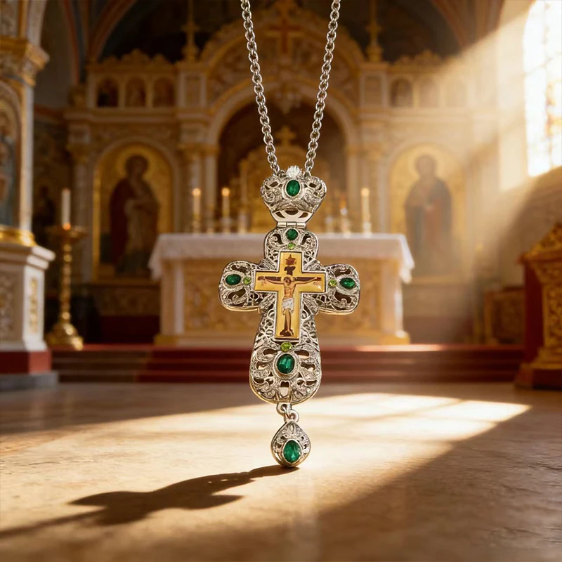 Neue 2026 Premium Zweifarbige Orthodoxe Kreuzkette mit Grünen Kristalldetails und Filigran-Verarbeitung für den täglichen spirituellen Gebrauch – Detail 5