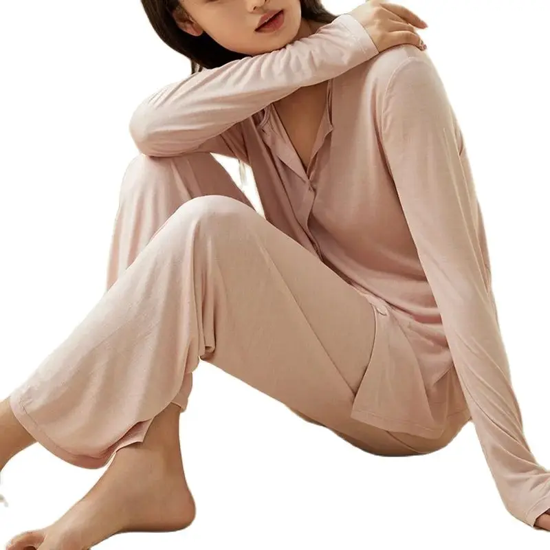 BirdTree 6A 100%Real Silk Knit Pajamas for Women, Solid Long Sleeve, Casual Homewear Sleepwear Sets, 2024 Spring New S41885QM