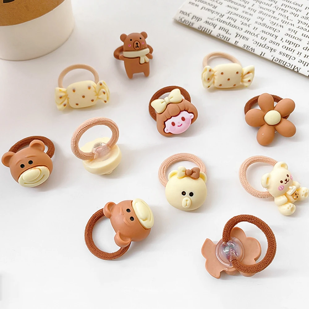 10pcs/Set Cute Bear Rabbit Finger Hair Ties Baby Toddler Elastic Mini Cartoon Animal Flower Ponytail Holder Hair Ropes For Girls