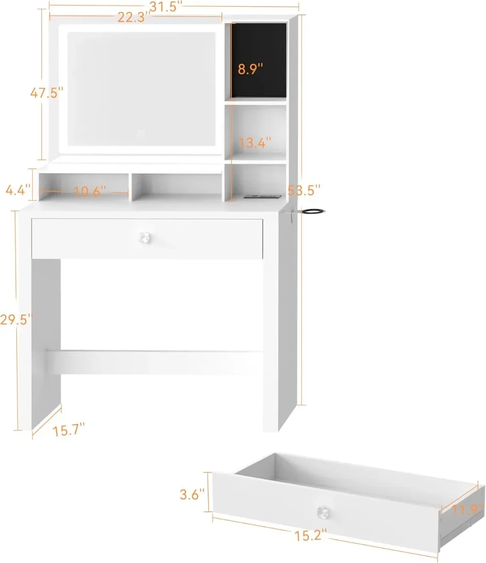 Vanity Desk with Large LED Lighted Mirror Makeup Table with Power Outlet Dressing Table with Jewelry Foam Inserts 3 Lighting