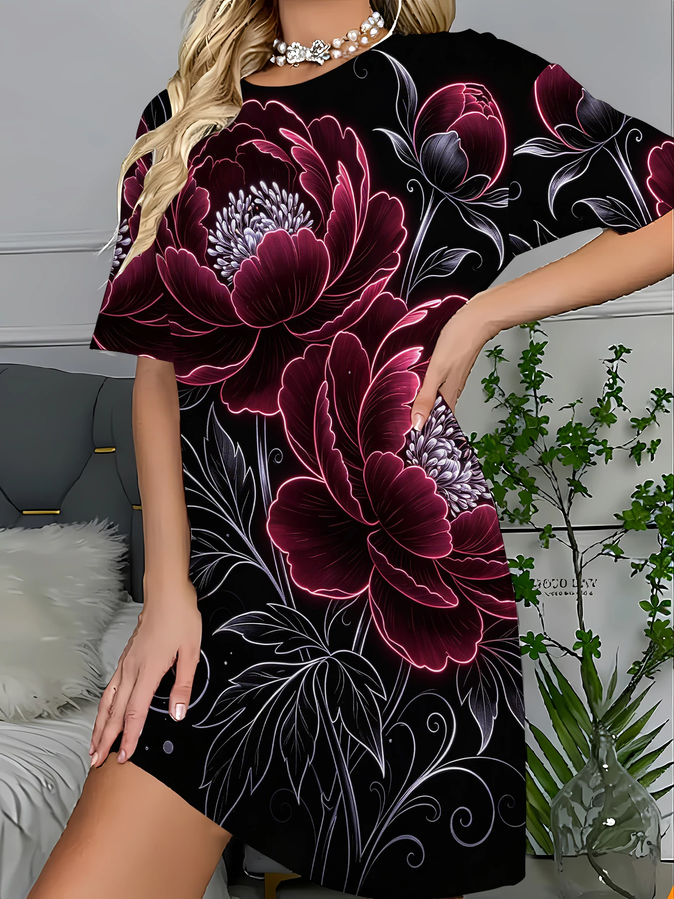 Women's All-Over Print Sleep Dress Soft Knit Summer Nightgown Casual