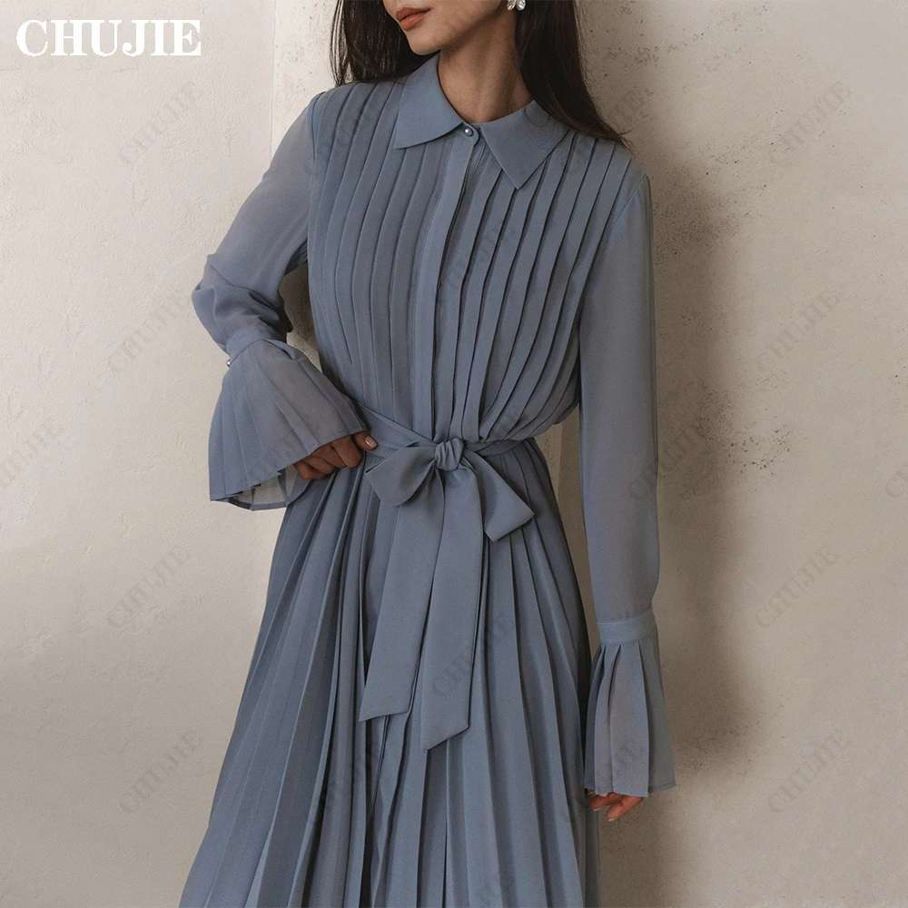 

Customized Chiffon Pleated Prom Dress Long Sleeves High Neck Tea Length Woman Evening Dresses A Line Formal Evening Gown