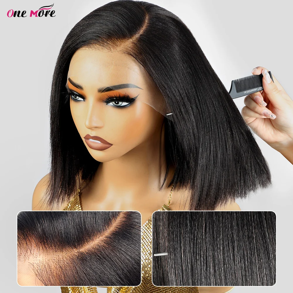 Yaki Straight Bob Wig 13x4 Lace Front Bob Wigs Human Hair Kinky Straight Pre Plucked Wigs with Bleached Knots