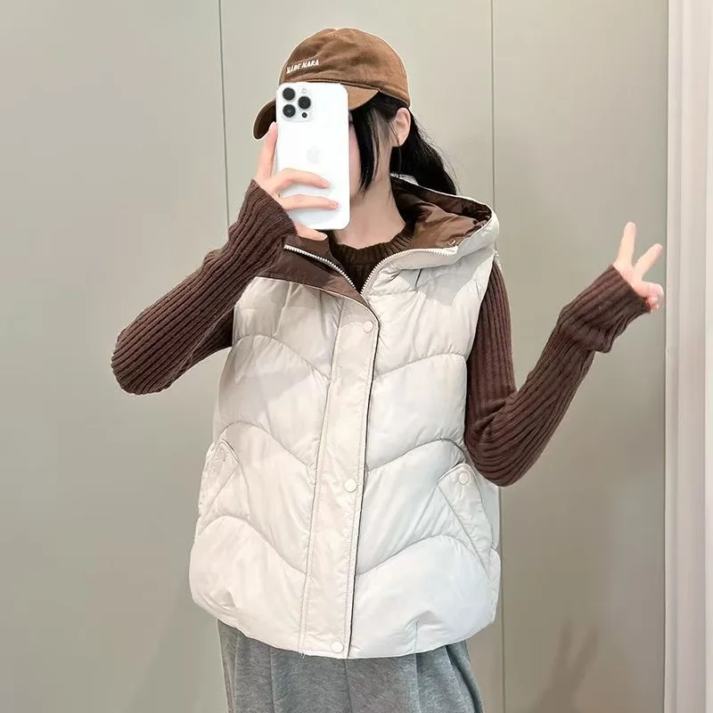 2025 Women Winter Hoodie Color blocked Cotton Jacket Vest Top Solid Warm Sports Leisure Elegance Sleeveless Waistcoat Female