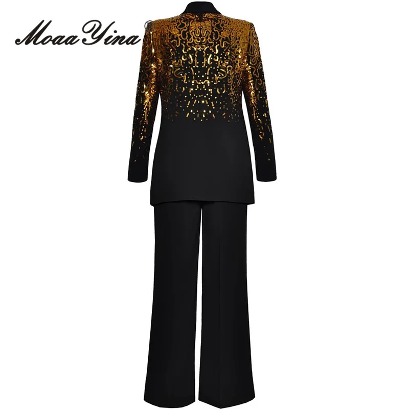 MoaaYina Fashion Design Women's Suit Turn-Down Collar Double-breasted Sequins Tops+Straight leg pants Black 2 piece set