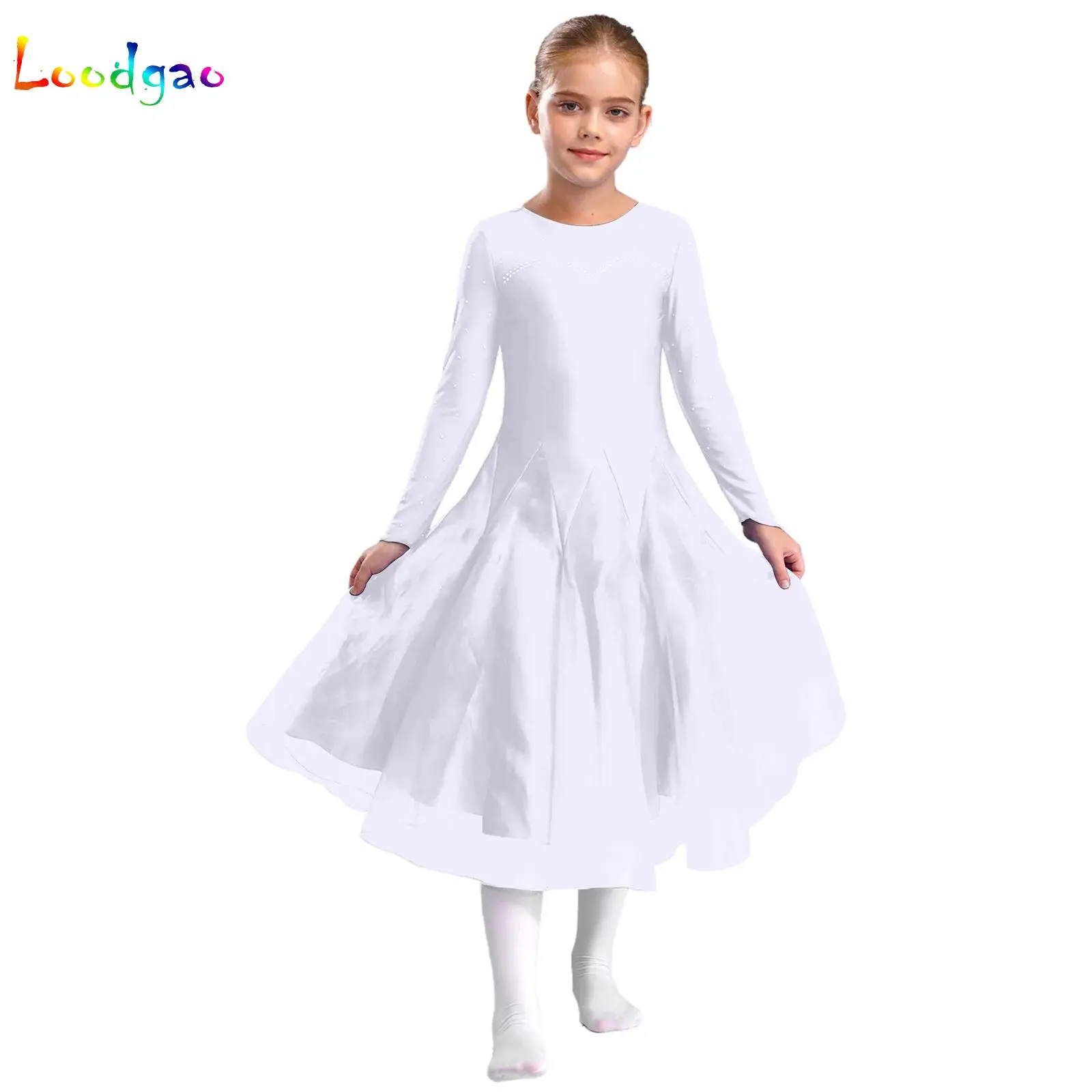 

Girls Rhinestones Wide Hemline Flared Dress Ball Gown for Evening Dancing Party Lyrical Contemporary Ballroom Waltz Dancewear