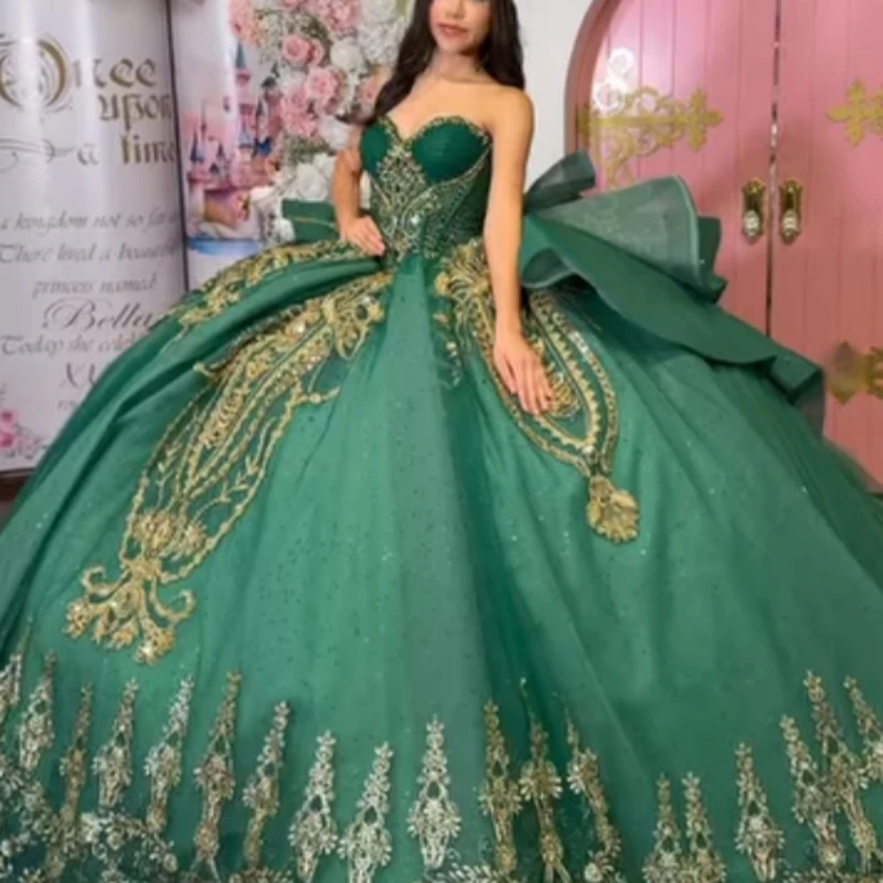 

Green Shiny Quinceanera Dresses Off The Shoulder Gold Applique Lace Beading Crystal Tull Corset Party Birthday Sweet 16 Dress