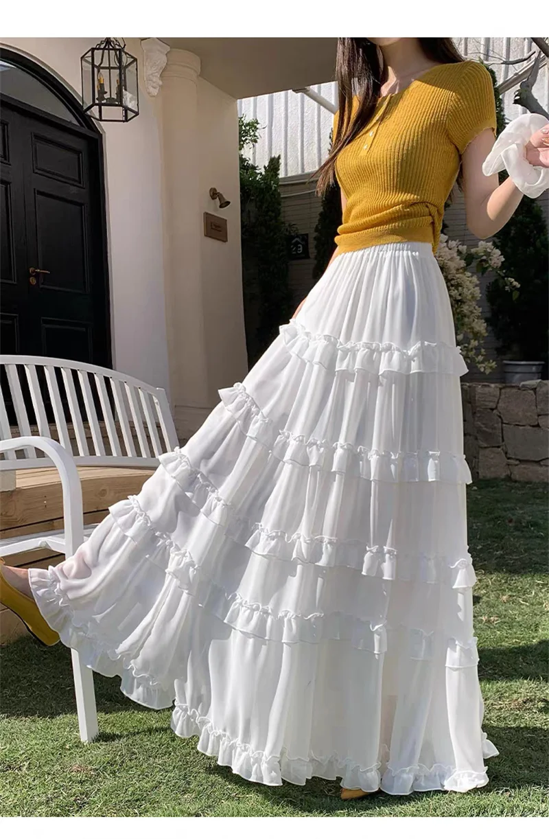 Saia Longa Maxi Feminina Plus Size 5XL, Moda com Cintura Alta, Elegante, com Babados e Barra Fluida, para Festa e Streetwear