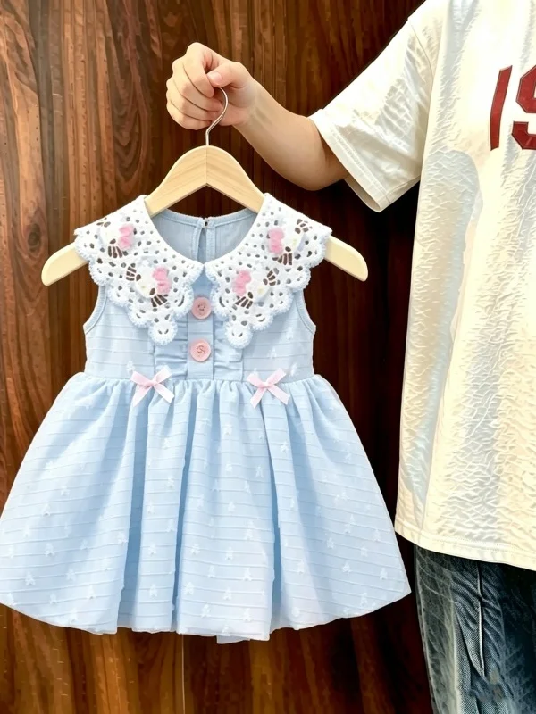 Vestido Infantil Estilo Princesa Fofo, Novo Estilo Casual de Verão, Gola de Morango, Saia Rodada, Algodão Macio e Confortável