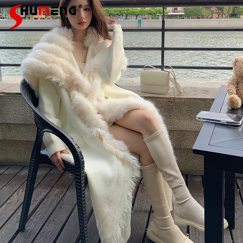 Women's Clothing Large Lapel Sweater Cardigan For Women Autumn Winter 2023 New Style Imitation Fox Fur Long Elegant Knitted Coat