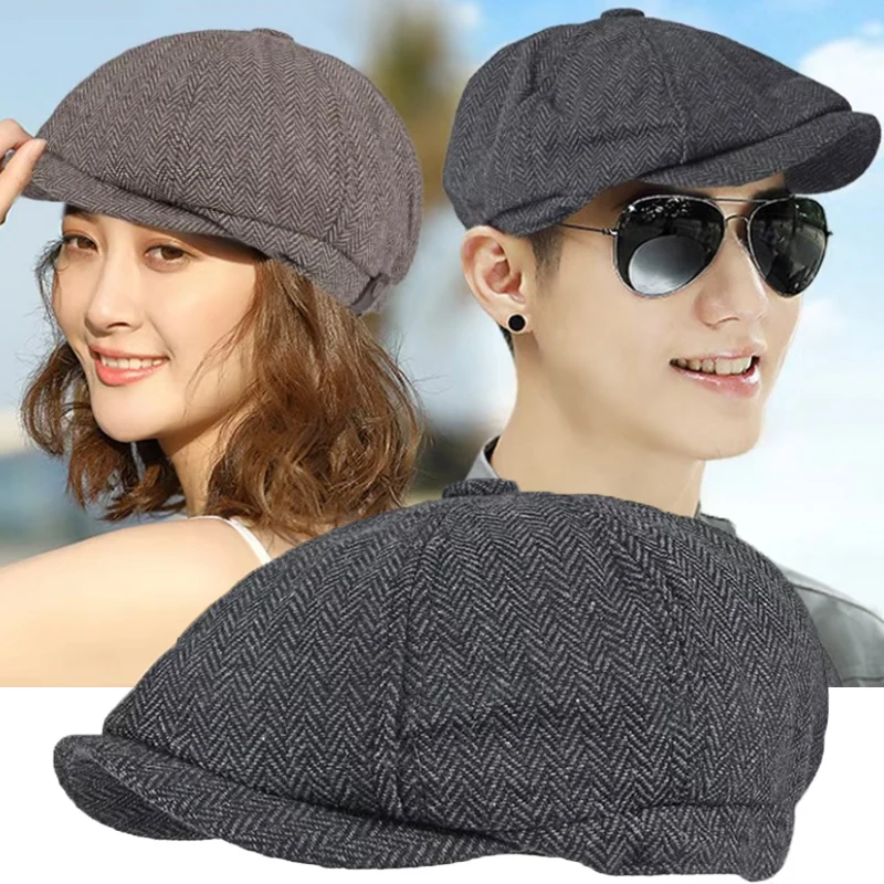 

Classic Vintage Caps Men Women Berets Hat Classic Plaid Stripe Beret Winter Cotton Flat Cap British Painter Hats Herringbone Hat