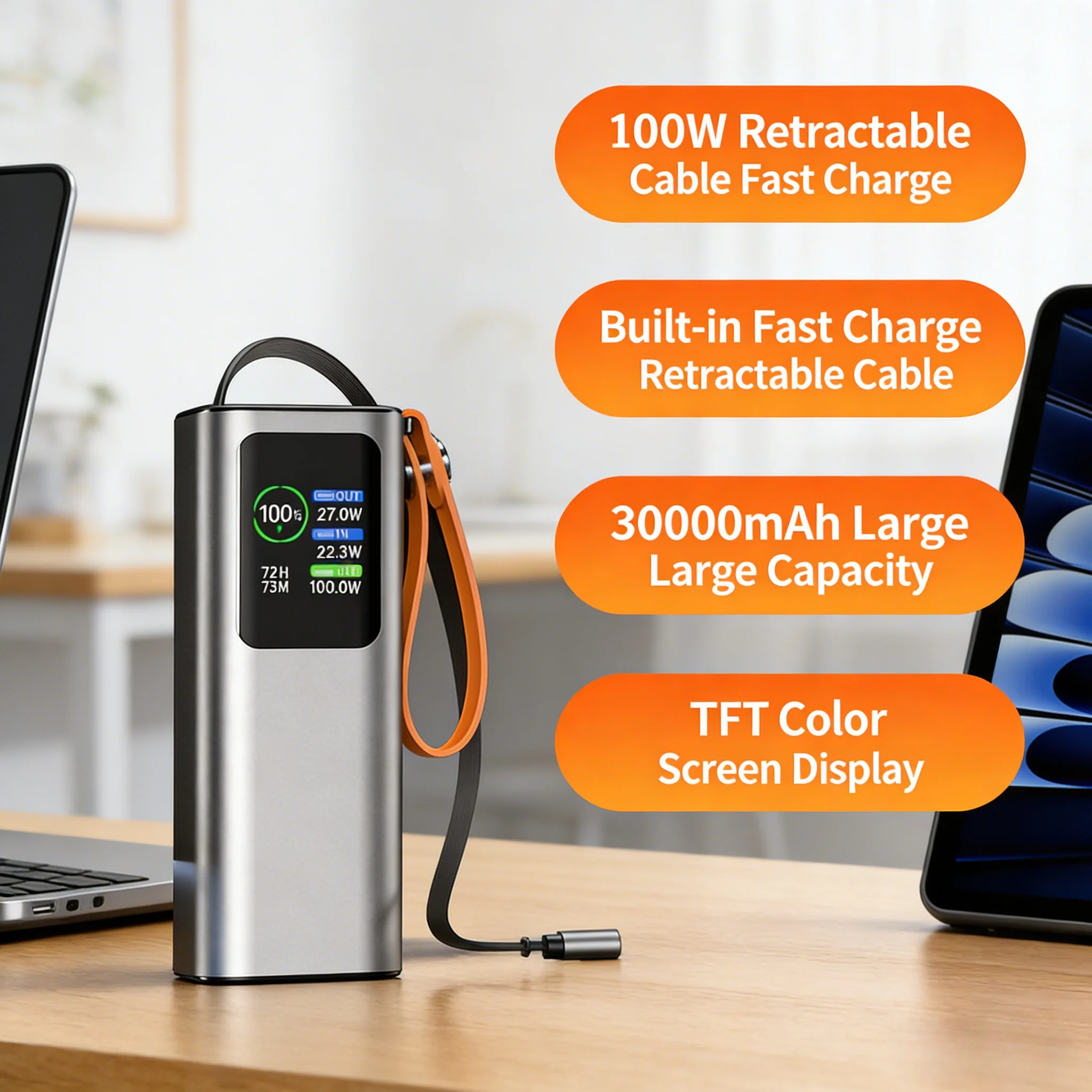20000mAh Cylindrical Lithium Battery Power Bank - 22.5W Super Fast Charging with TFT LCD Display - Portable Charger for IPhone