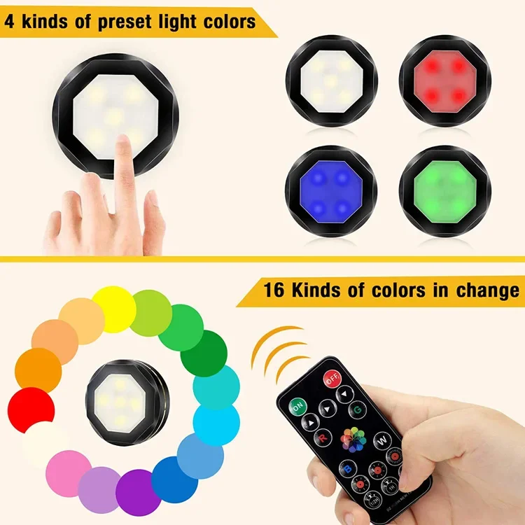 16 Colors LED Under Cabinet Light Battery Powered Wall Lamp Wireless Touch Sensor LED Puck Lights For Kitchen Closet Night Lamp